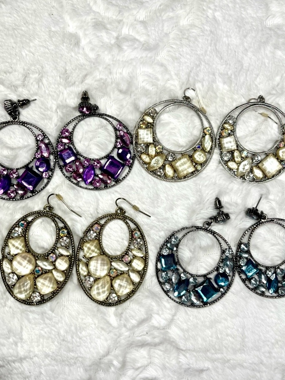Women’s Statement Hoop Earrings with Purple, Pearl and Teal Gem Accents